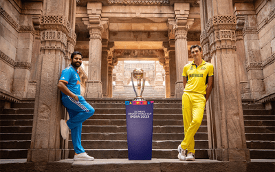 ওডিআই বিশ্বকাপ ২০২৩-এর ফাইনালের আগে ফটোশ্যুটে ব্যস্ত ভারতের অধিনায়ক রোহিত শর্মা এবং অস্ট্রেলিয়ার অধিনায়ক প্যাট কামিন্স