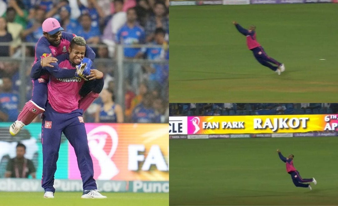 IPL 2024 [WATCH]: Shimron Hetmyer grabs a flying stunner to dismiss Piyush Chawla in MI vs RR clash