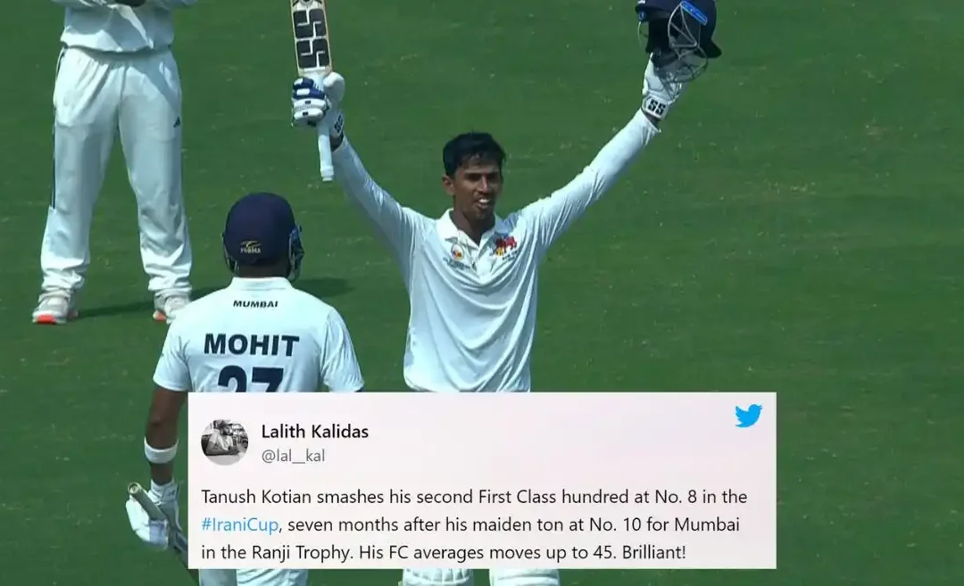 Fans react as Tanush Kotian smacks a historic century in Mumbai vs Rest of India clash at Irani Cup 2024