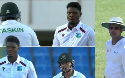 WI vs BAN 2024: Alzarri Joseph and Taskin Ahmed exchange heated words before bad light halts play on Day 3 of 1st Test