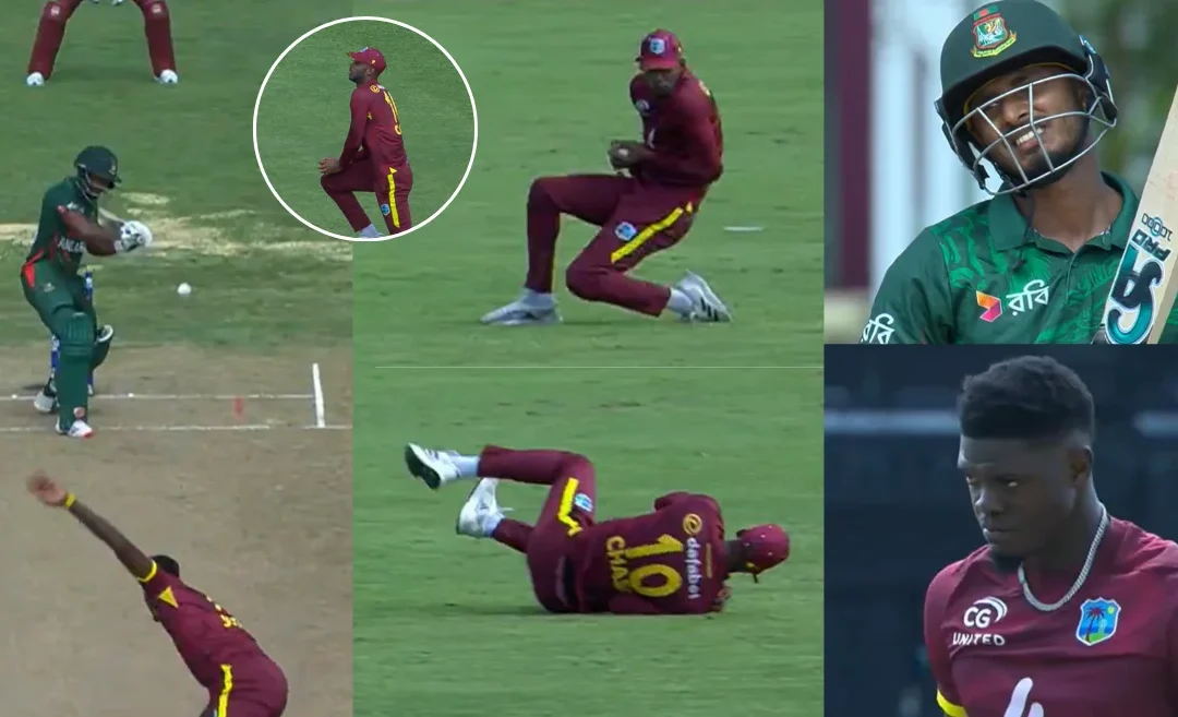 WI vs BAN [WATCH]: Roston Chase pulls off an outstanding catch to dismiss Tanzid Hasan in 1st ODI